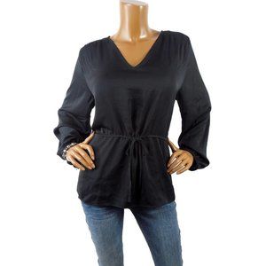 GIGI PARKER Top XL Black Blouse NWT Silky Lightweight Tie Waist Long Sleeves